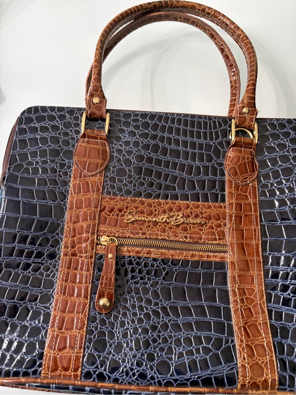 Samantha Brown Two-Tone Croc-Embossed Laptop Bag in Navy and Brown - Picture 4 of 8